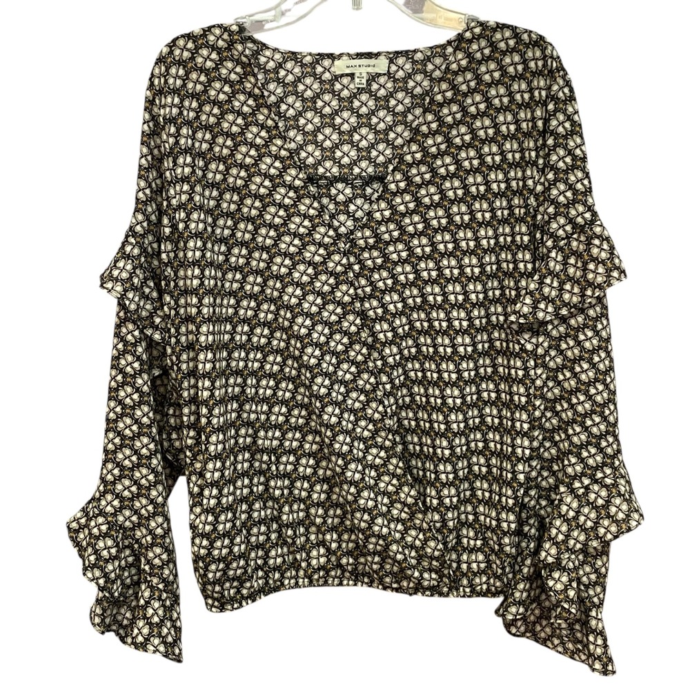 Max Studio Floral Blouse Ruffle Long‎ Sleeve V Neck Top Black Beige Size S